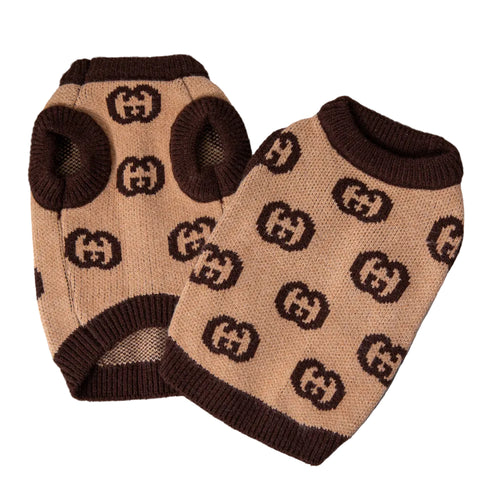 Designer Printed Dog Jumper - Tan/Brown