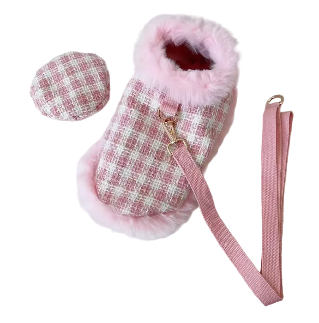 Tweed Style Dog Faux Fur Trim Cloak Coat, Lead and Set - Pink