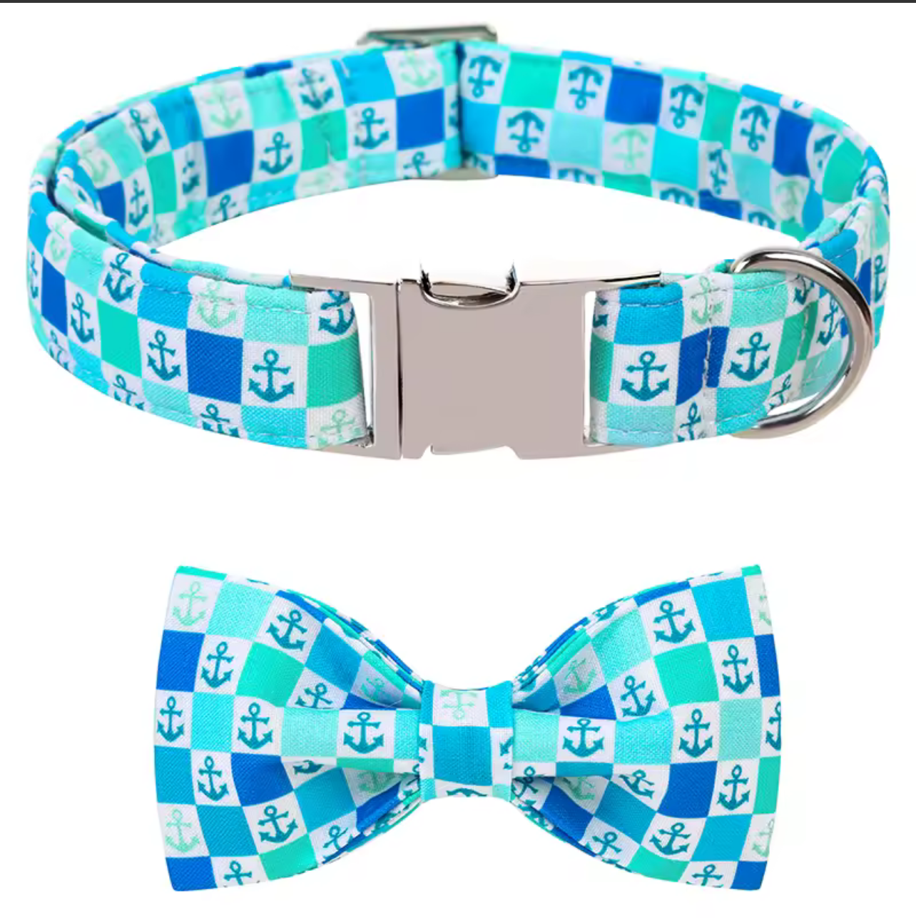 Nautical Anchor Dog Collar and Bow Set - Blue