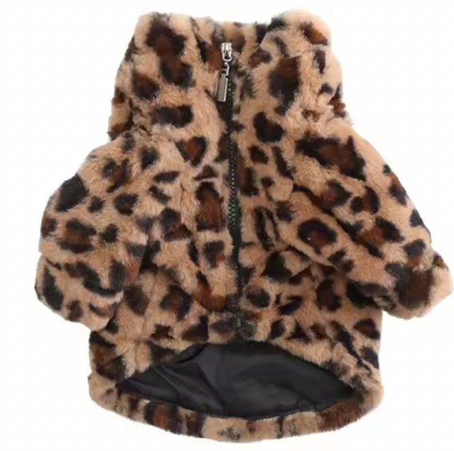Faux Fur Leopard Print Dog Jacket with Zip Fastening