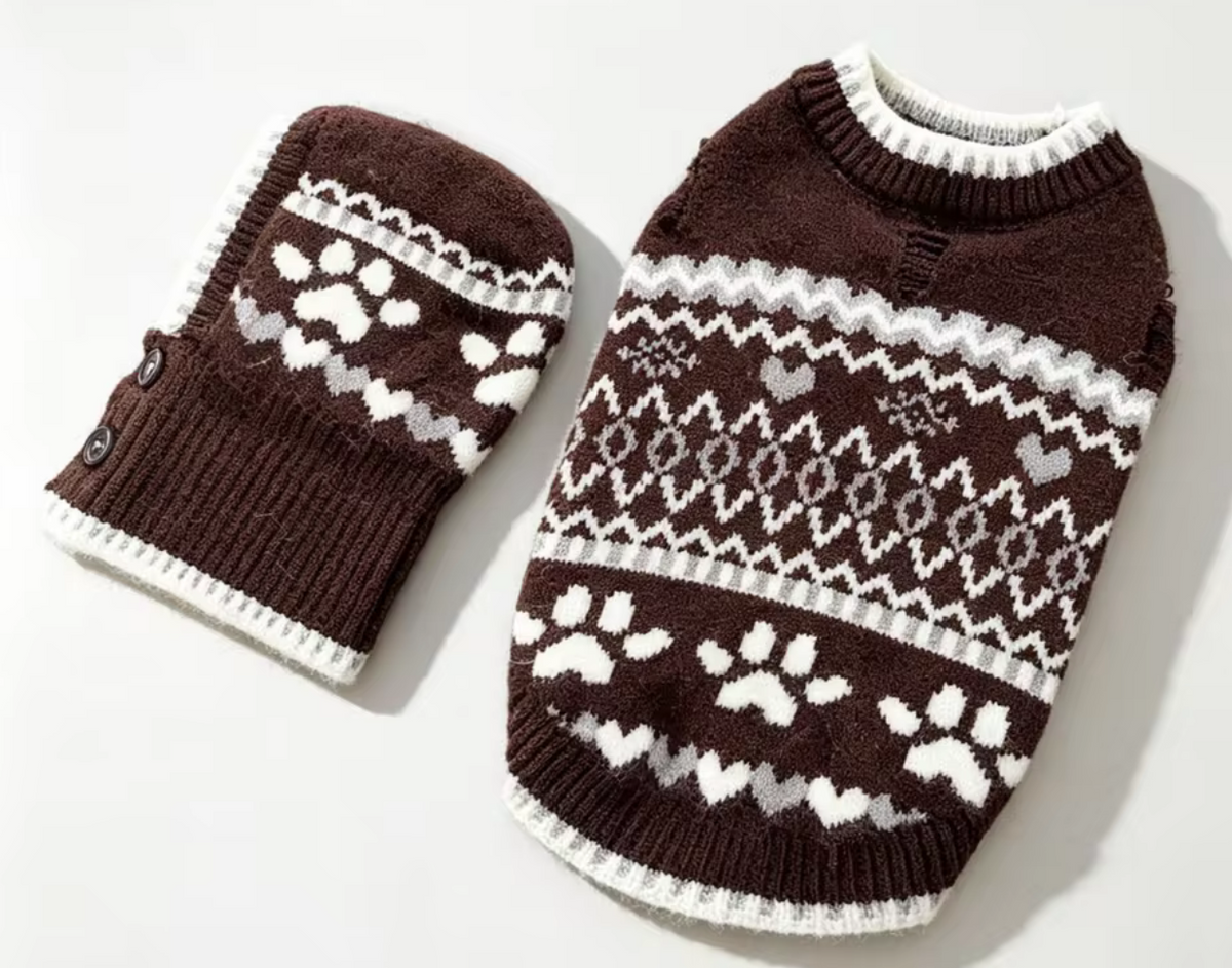 Nordic Style Dog Knit Jumper and Hat - Brown