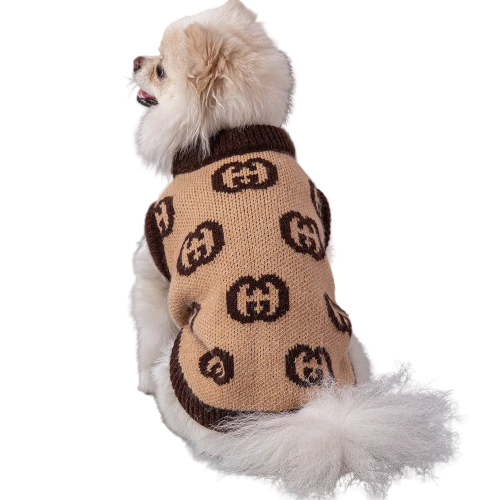 Designer Printed Dog Jumper - Tan/Brown