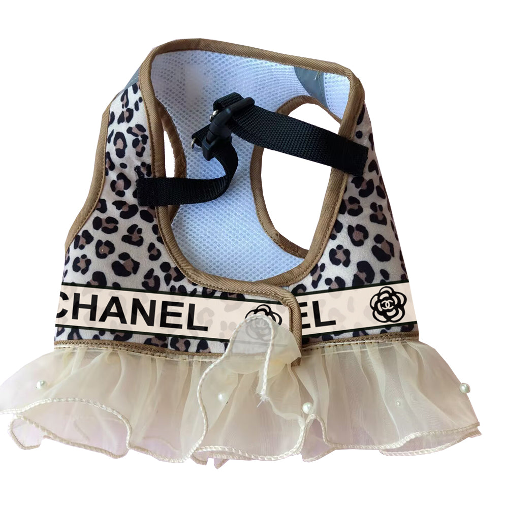 Luxury Designer Ruffle Edge Peplum Step-in Dog Harness - Leopard Print