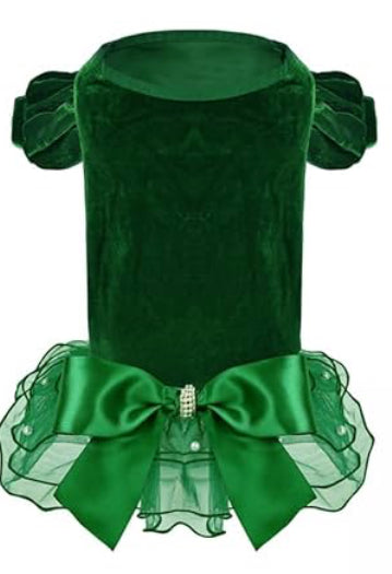 Faux Velvet Dog Tutu Pearl Christmas Party Dress - Emerald Green