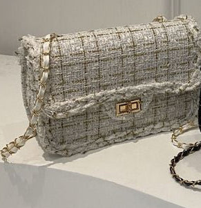 Boucle Tweed Chain Twist Lock Crossbody Bag - Gold/White