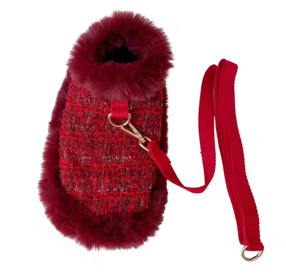 Tweed Style Faux Fur Trim Cloak Coat and Lead Set - Red