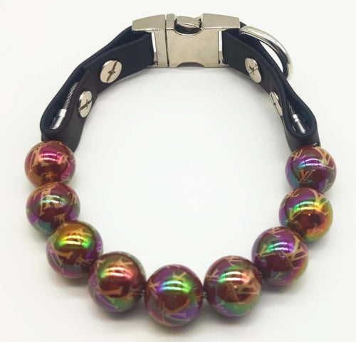 Designer beaded dog collar in off brown with colorful beads, stylish accessory for dogs, available in 28cm, 35cm, and 41cm lengths.