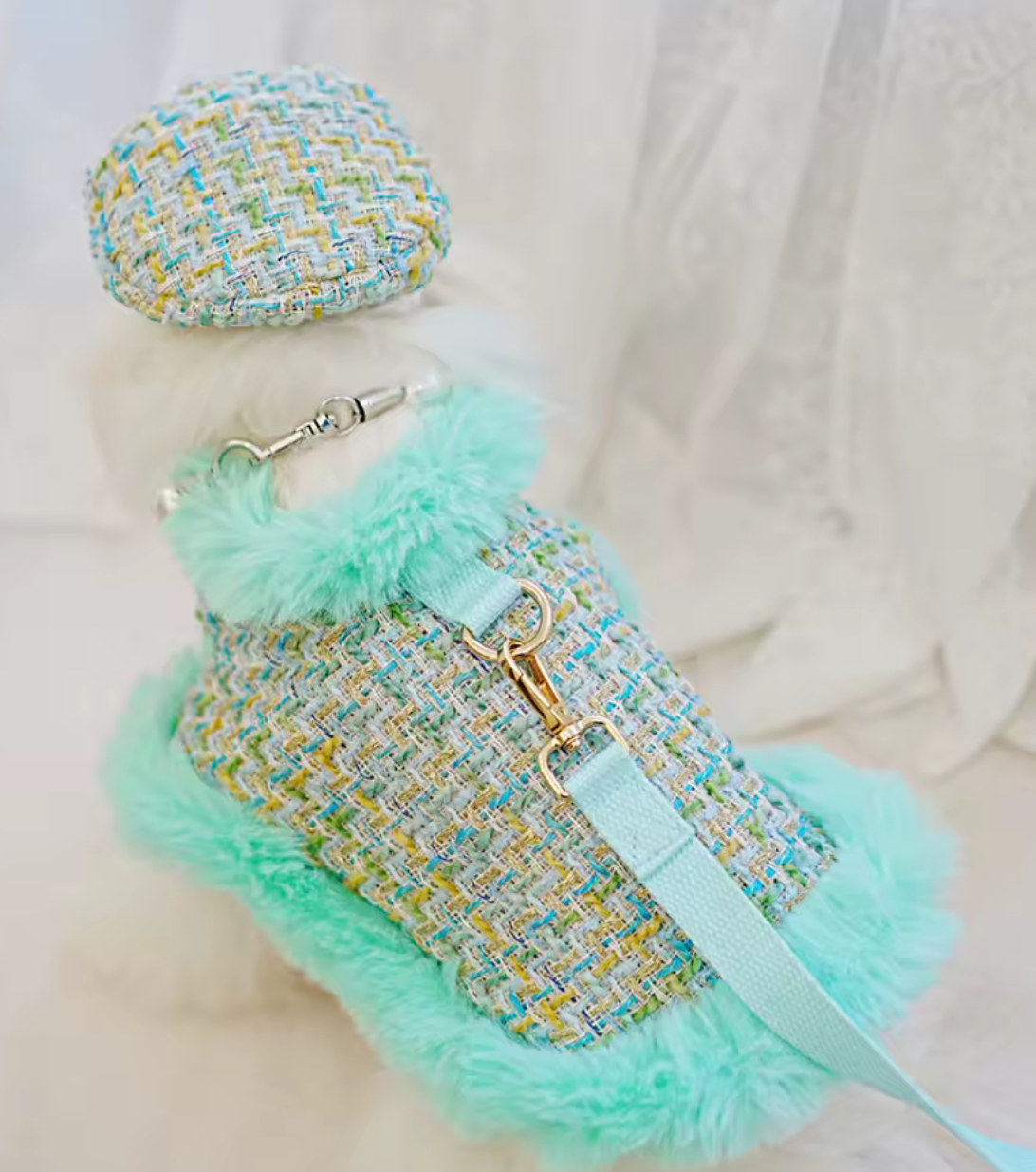 Tweed Style Dog Coat Cloak, Lead and Hat Set - Turquoise