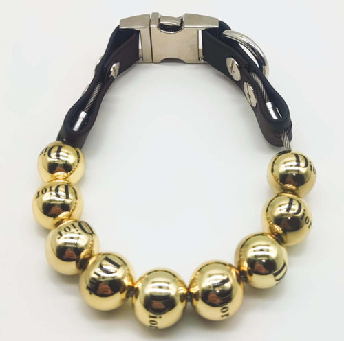 Designer beaded dog collar in gold with large beads and durable clip, available in multiple sizes.