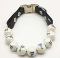 Designer beaded dog collar in white with pearly beads and stylish black strap, perfect for pets in sizes 28cm, 35cm, 41cm.