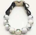Designer beaded dog collar in iridescent white with decorative beads, suitable for stylish pet owners. Available in 28cm, 35cm, 41cm.