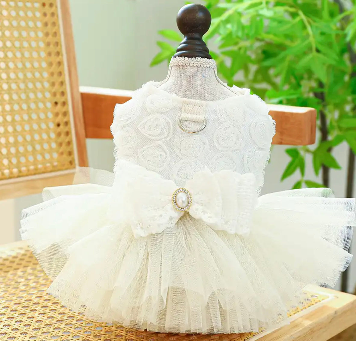 Rose Lace Pearl Detail D Ring Occasion Dog Dress - White