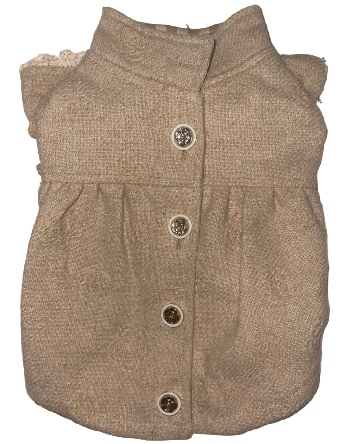 Camellia Dog Ruffle Flared Sleeve Woollen Feel Jacket with Gold Buttons - Creme Beige