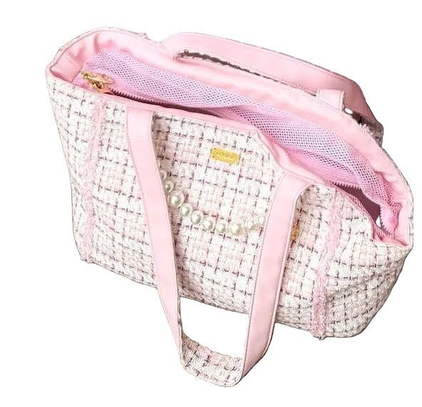 Tweed Boucle Style Pet Dog Carrier - Pale Pink