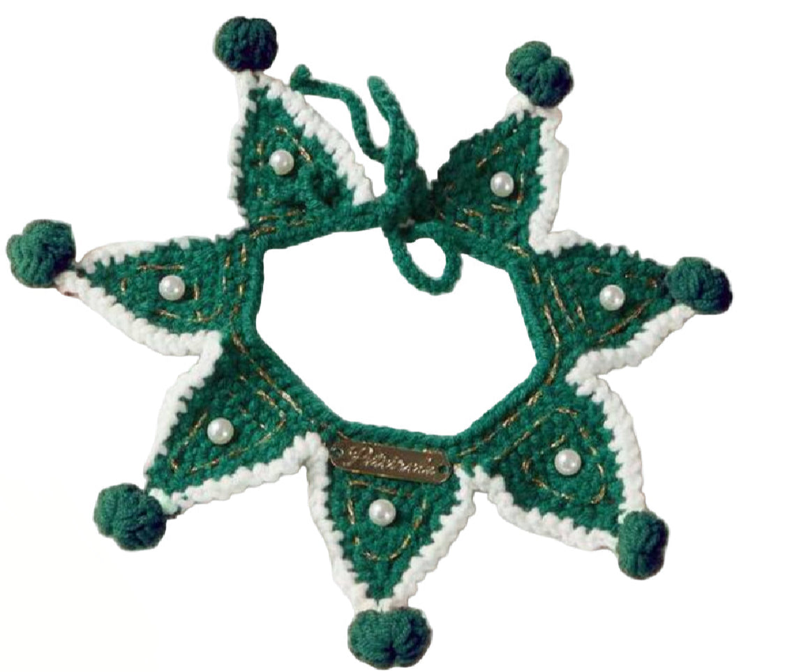 Pearl Knitted Poinsettia Dog Christmas Bandana - Green