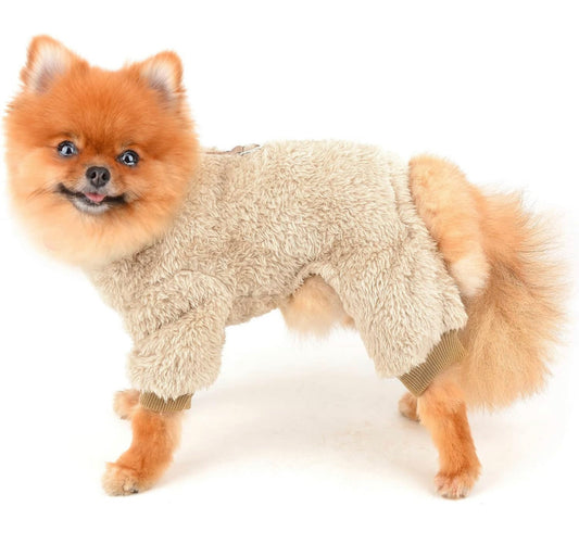 Teddy Fleece Dog Jumpsuit with D-Ring - Beige