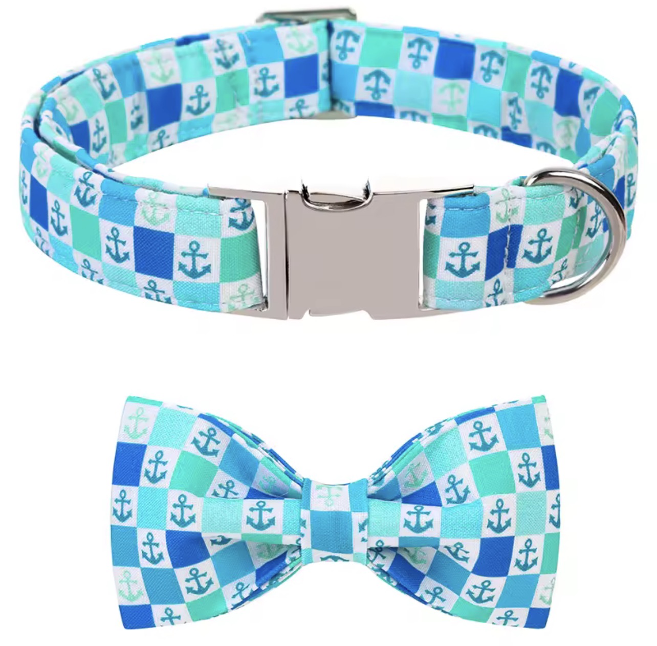 Nautical Anchor Dog Collar and Bow Set - Blue