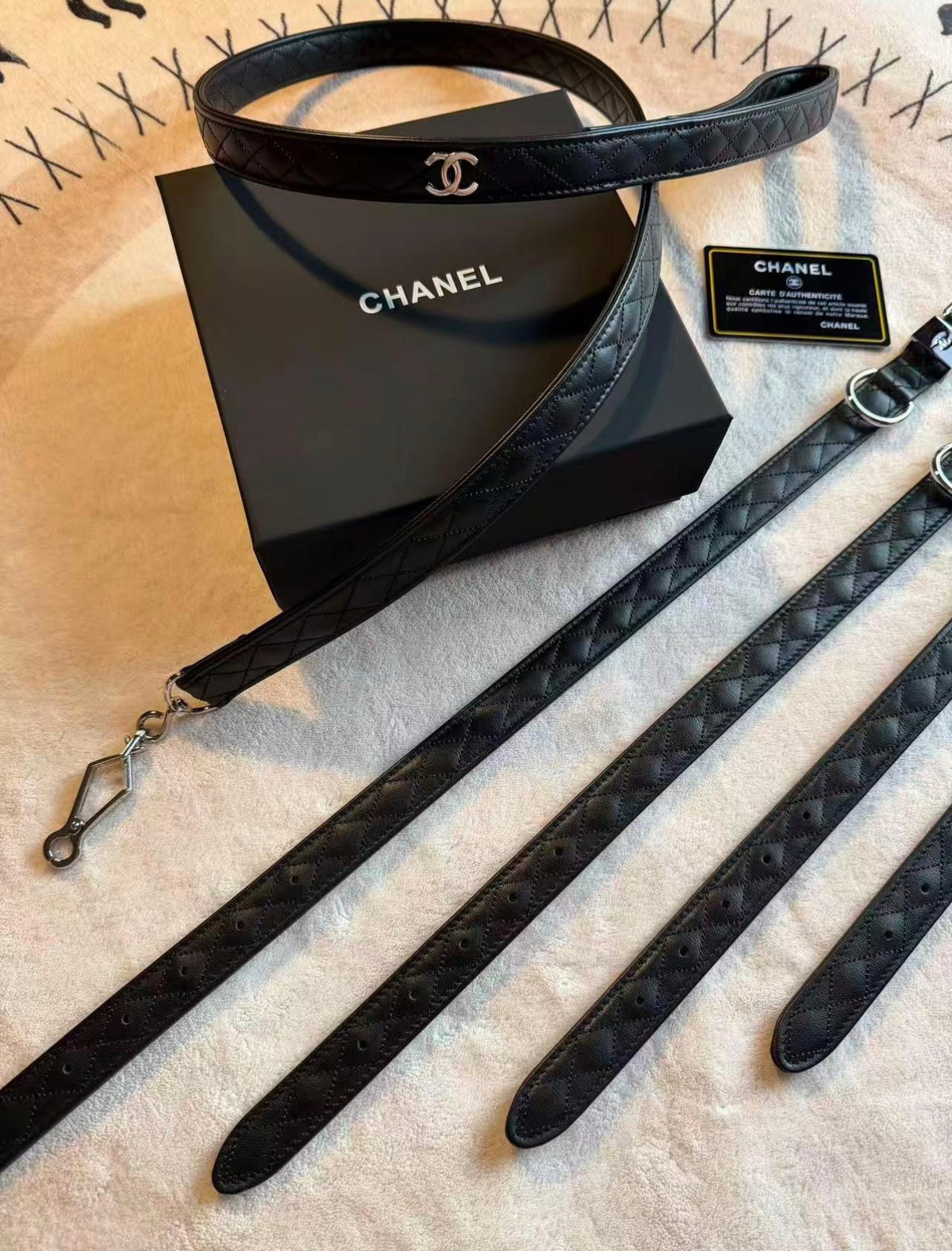 Quilted Genuine Leather Dog Designer Collar and Lead Set - Black/Silver