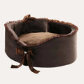 Luxurious Faux Velvet Ruffle Edge Round Dog Bed Brown