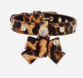 Rhinestone Gem Leopard Pet Leather Collar with Big Bowtie Charm - Brown