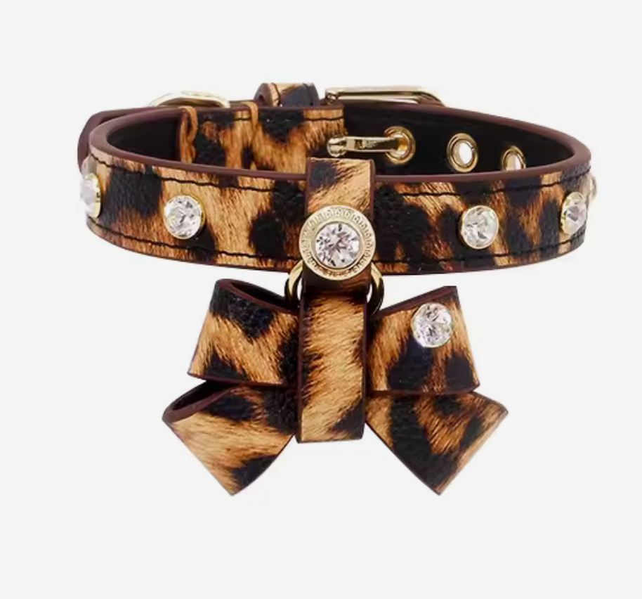 Rhinestone Gem Leopard Pet Leather Collar with Big Bowtie Charm - Brown