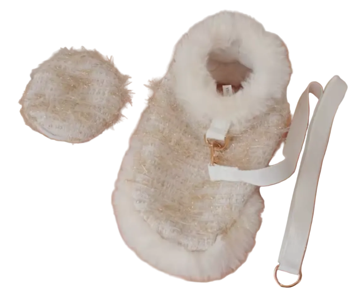 Tweed Style Dog Faux Fur Trim Cloak Coat, Hat, Lead Set - Metallic Gold/Cloud Dancer White