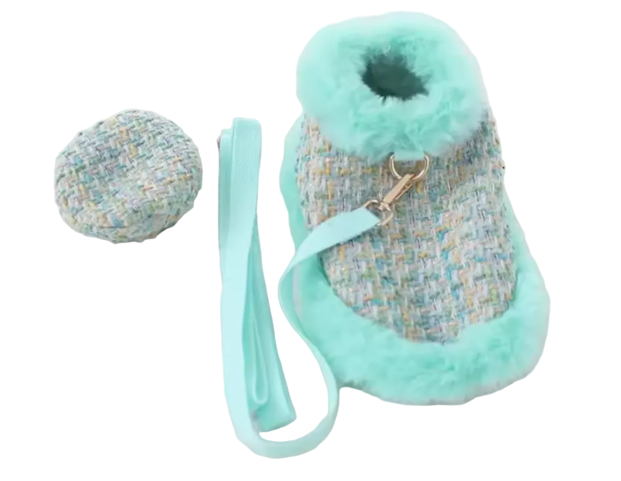 Tweed Style Dog Coat Cloak, Lead and Hat Set - Turquoise