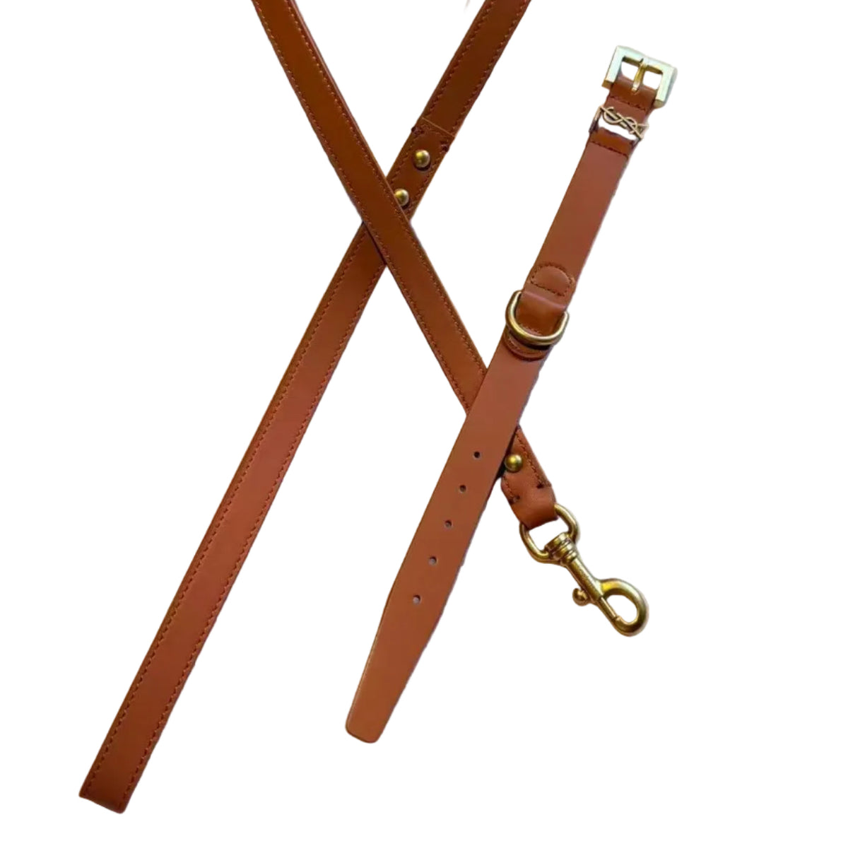Saint Designer Genuine Leather Dog Collar and Lead Set - Tan