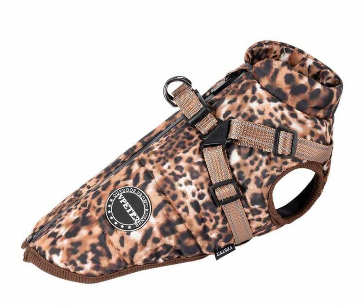 Leopard Print Dog Gilet Jacket Fleece with Harness Attachment - Brown