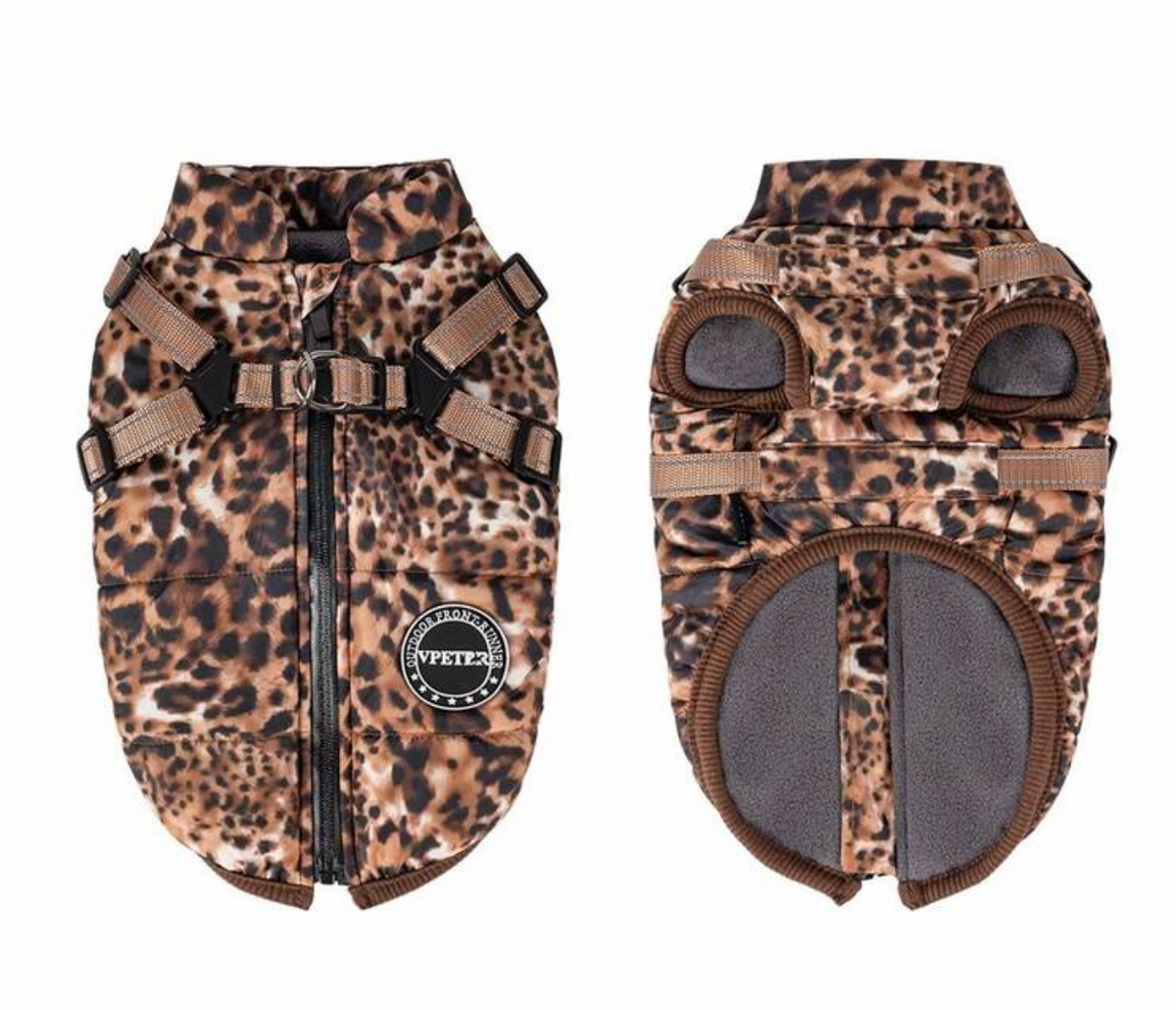 Leopard Print Dog Gilet Jacket Fleece with Harness Attachment - Brown