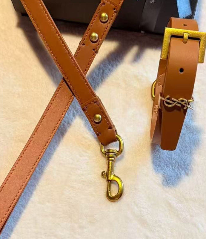 Saint Designer Genuine Leather Dog Collar and Lead Set - Tan