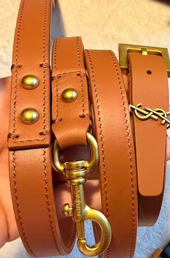 Saint Designer Genuine Leather Dog Collar and Lead Set - Tan
