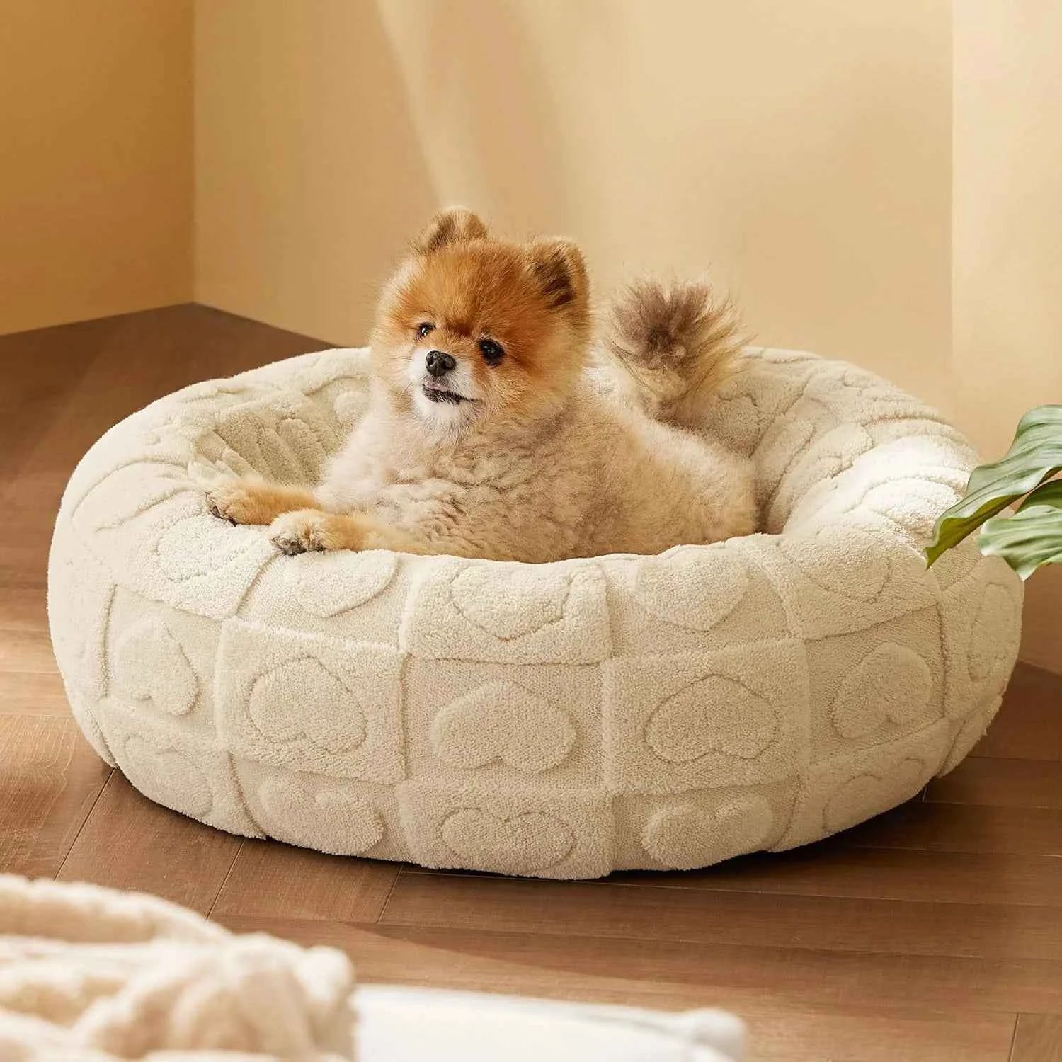 Heart Shape Embossed Textured Round Dog Plush Bed - Cream