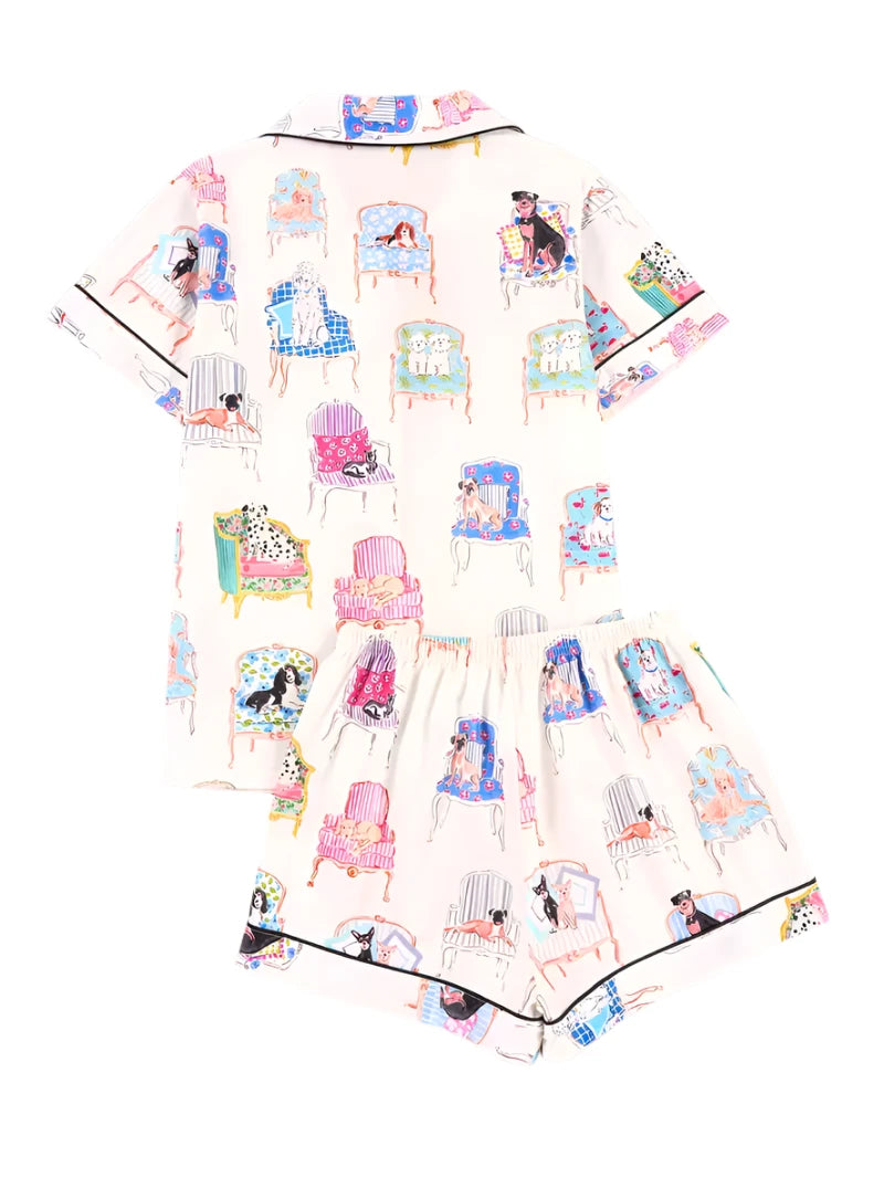 Ladies Dog Print Royal Pyjama Two-piece Set - White