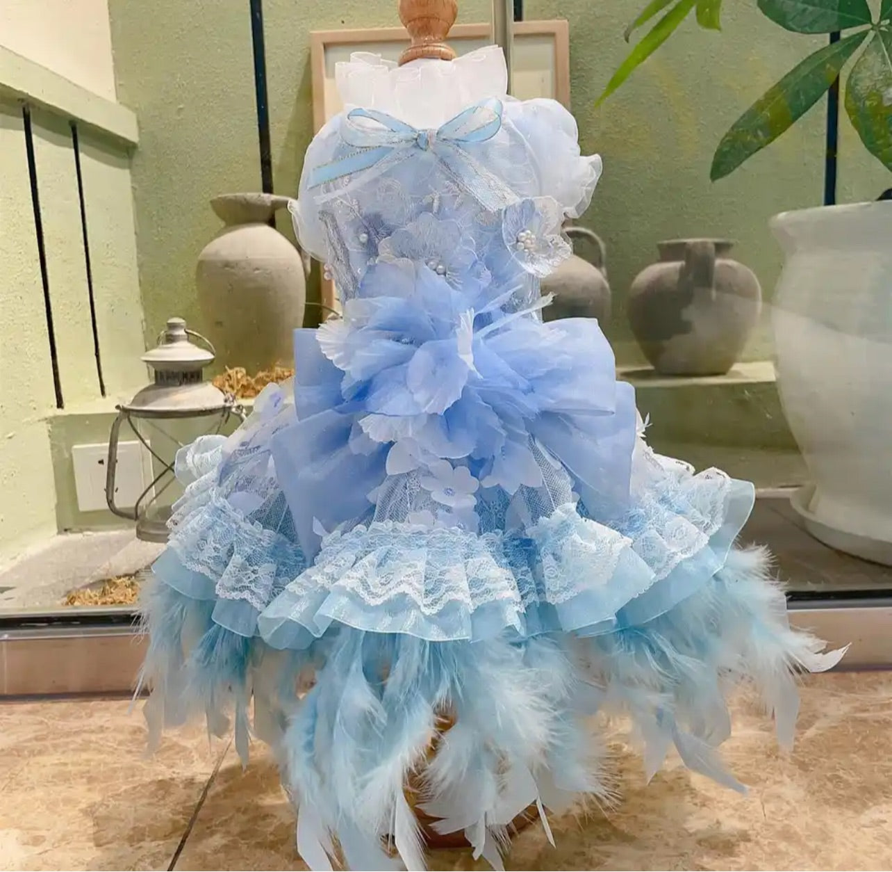 Handmade Ruffle Feather Dog Dress - Baby Blue