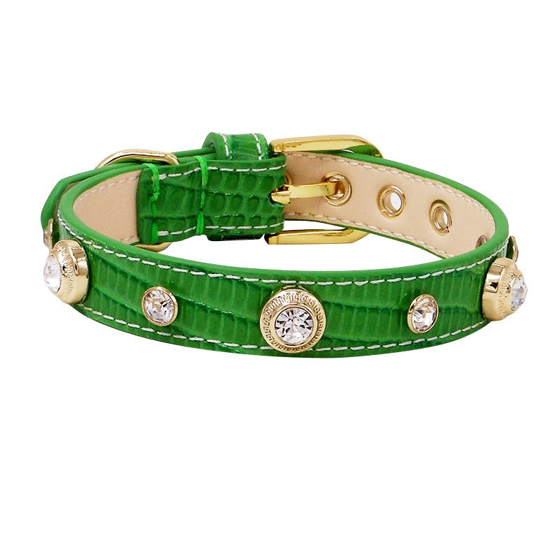 Genuine Leather Dog Collar with Crystals - Croc Green