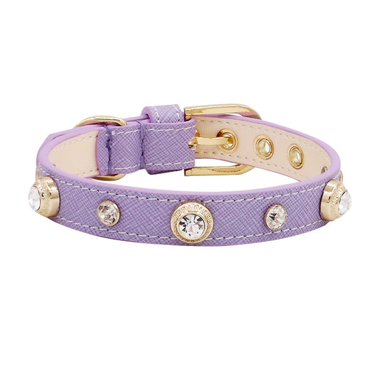 Genuine Leather Dog Collar with Crystals - Lavender