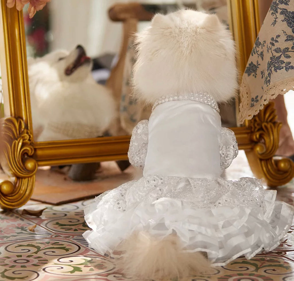 Pearl Collar Sequin Wedding Gown with Tulle - White