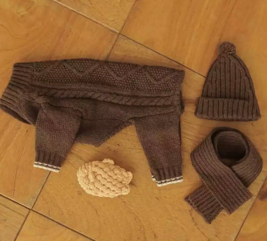 Knitted Dog Jumpsuit, Hat and Scarf set - Brown