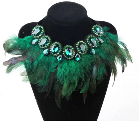 Adjustable Feather Gem Dog Neck Piece - Emerald Green