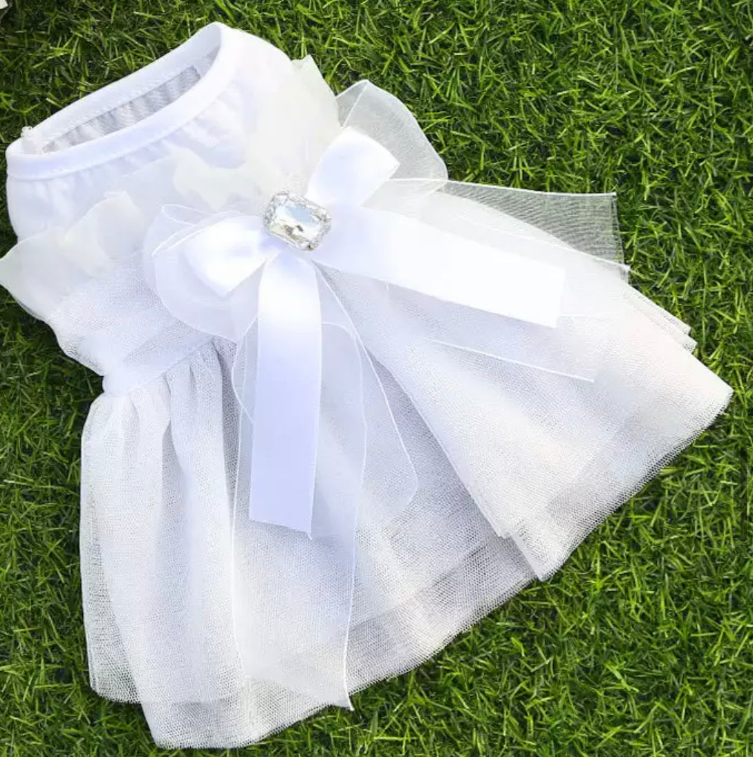 Bowknot Wedding Dress with Rhinestone Gem - White