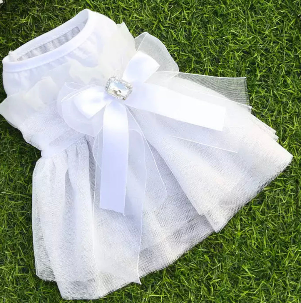Bowknot Wedding Dress with Rhinestone Gem - White