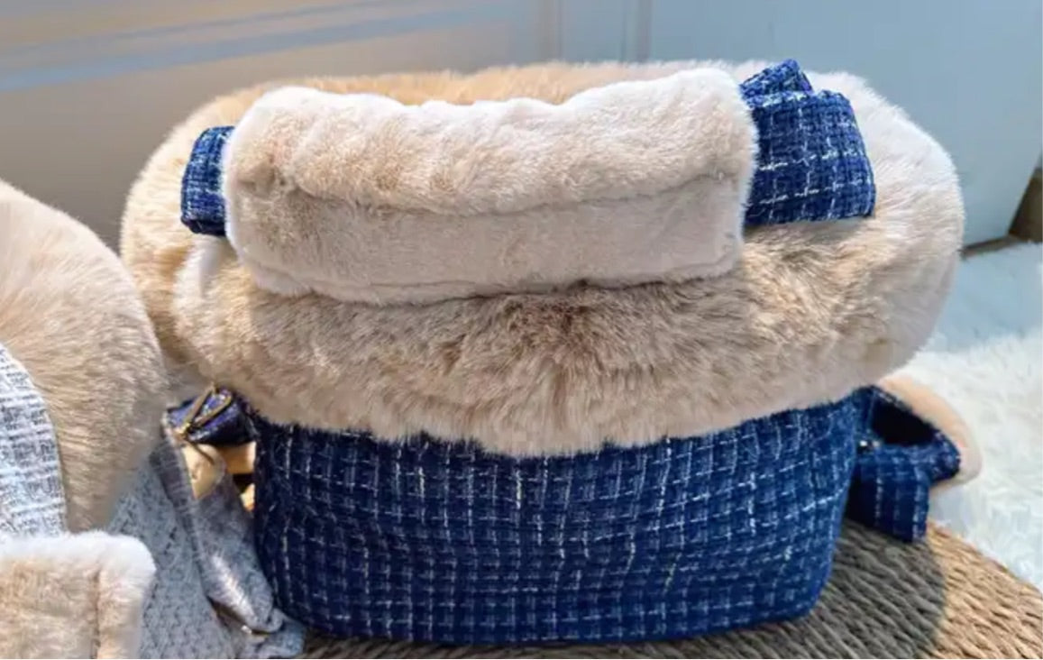 Tweed Faux Fur Lined Pet Carrier - Blues