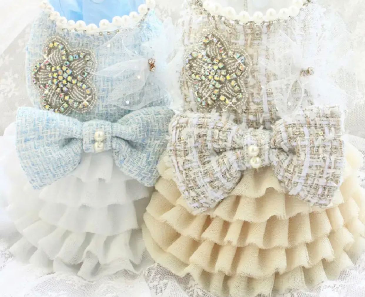 Tweed Pearl Embellished Dress - Blue/Beige