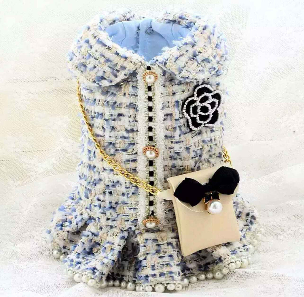 Luxury Blue Tweed Dress with Pearls