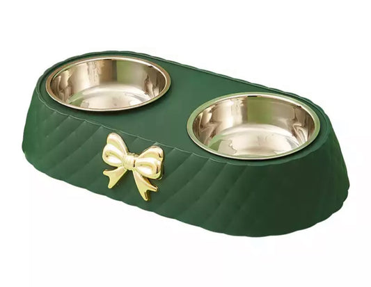 Quilted Gold Bow Twin Stainless Steel Dog Bowl - White/Green