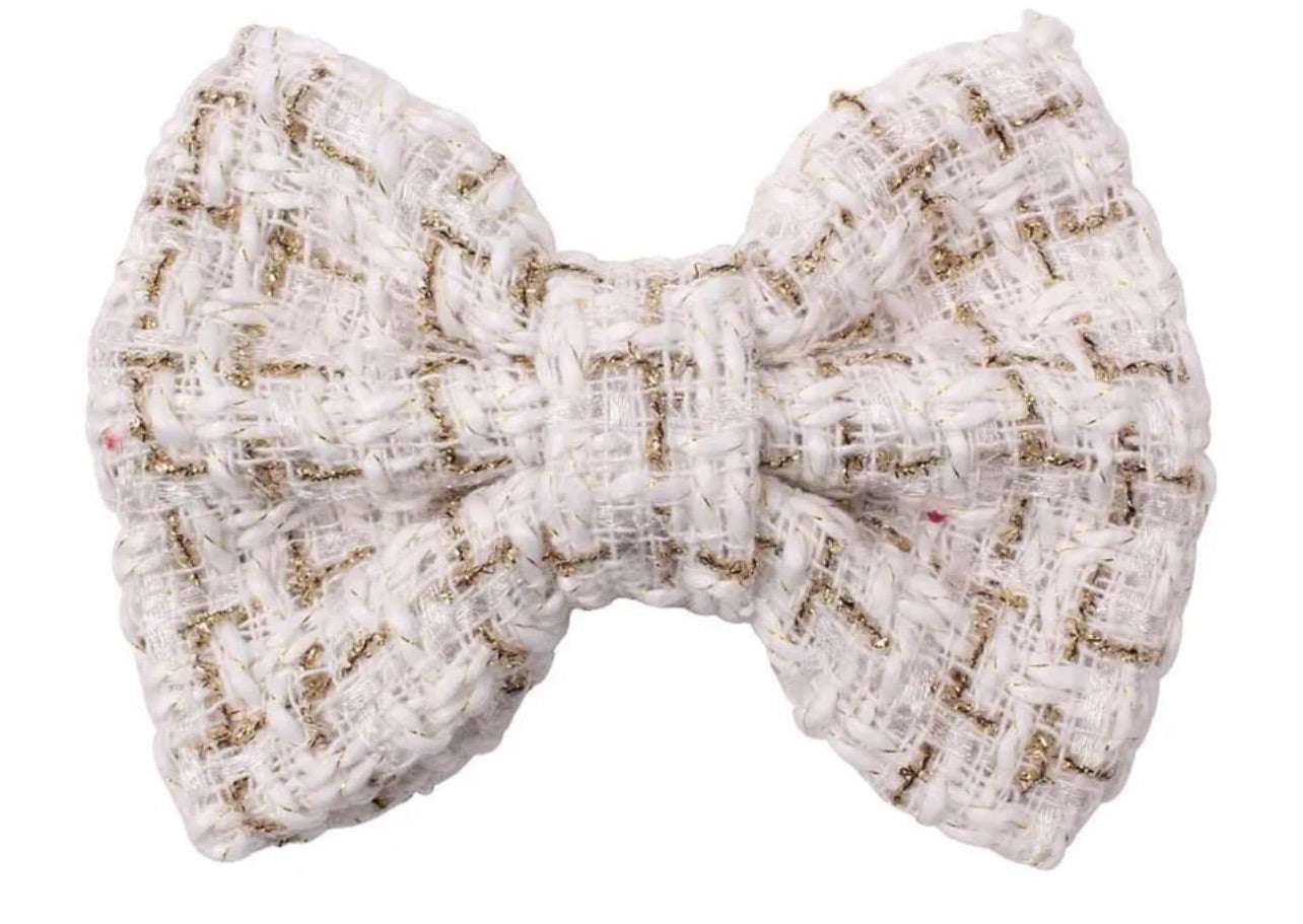 Tweed Hair Bow - Gold/Cream