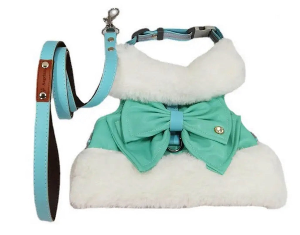 Faux Leather Fur Trim Harness and Lead Set - Tiffany Blue