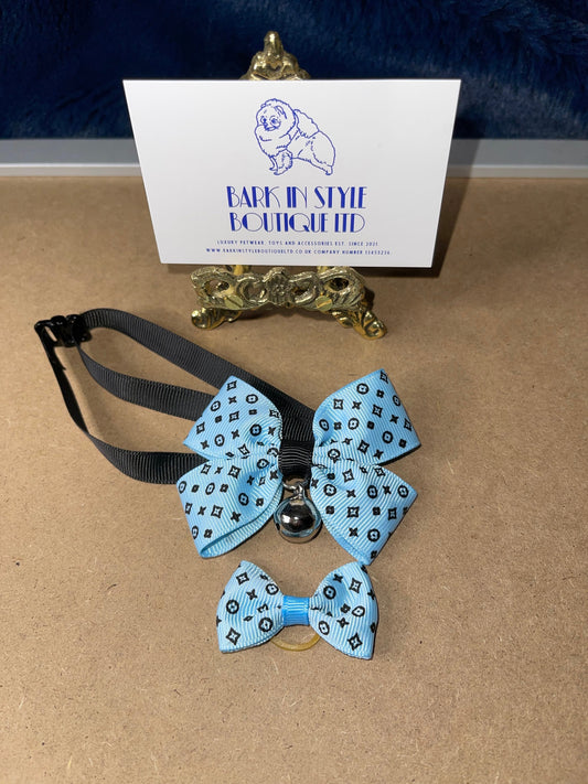 Chewy Hair Bow and Collar Set - Blue