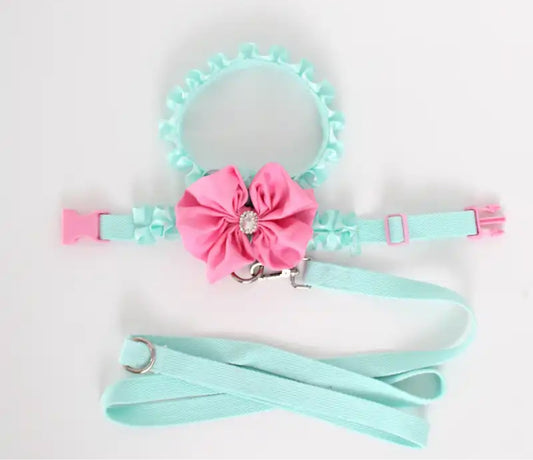 Ruffle Harness and Lead Set - Mint/Pink